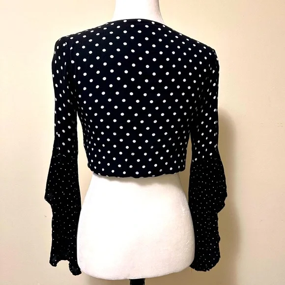 Seven Wonders Black White Spots Crop Top w Tie Wide Bell Sleeves Shirt Blouse 6 - Picture 11 of 16